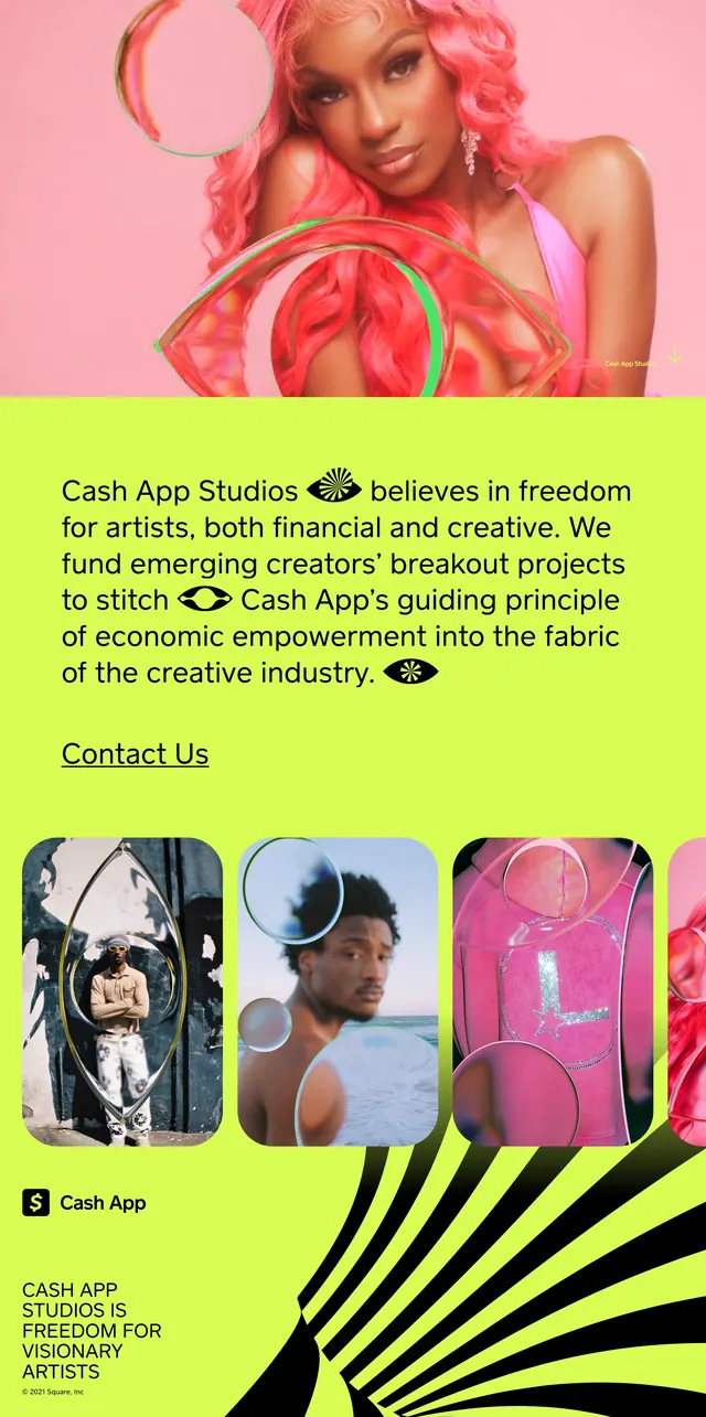 Cash App Studios neon editorial landing page, editorial, playful, neon