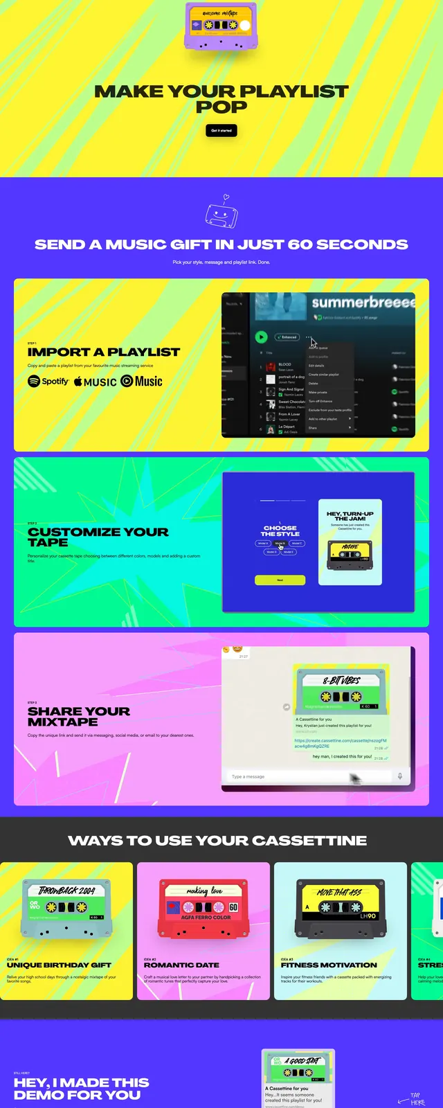 Cassettine music gift landing page, playful, retro, vibrant