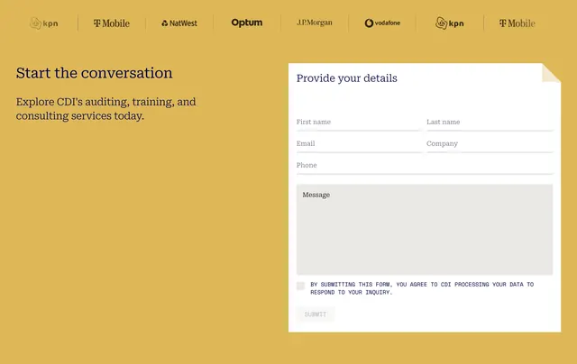 CDI mustard contact form with logo bar, minimal, light-mode, light
