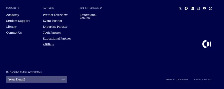 CDI dark navy footer with newsletter, minimal, dark-mode, dark
