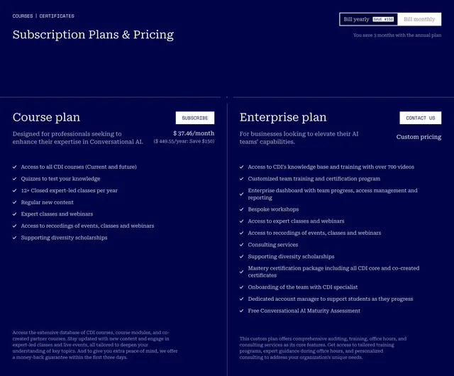 CDI dark two-column subscription pricing, minimal, dark-mode, dark