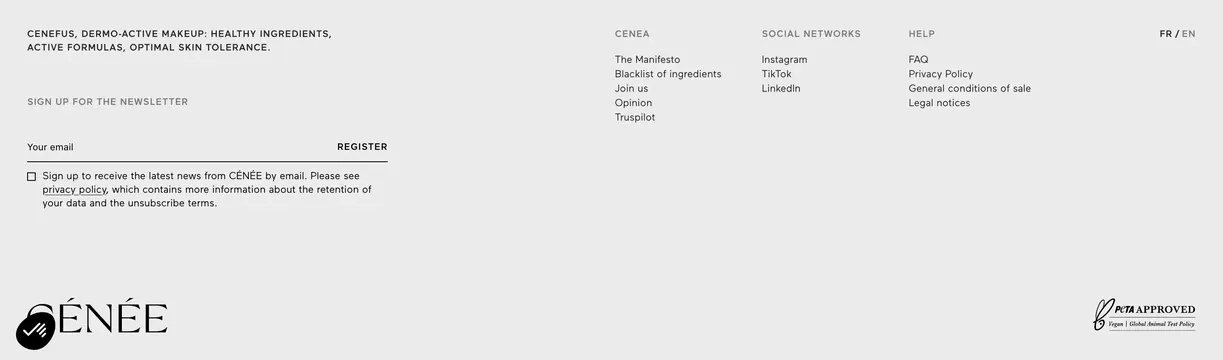 Cenee newsletter footer with link columns, minimal, light-mode, light