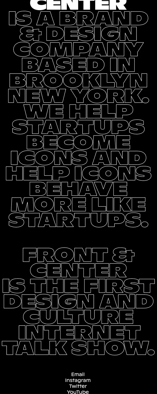 Center Design typographic landing page, editorial, brutalist, dark