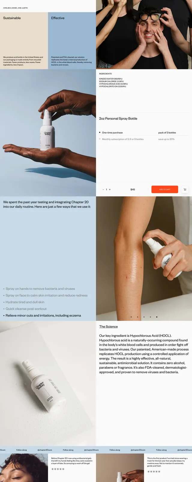 Chapter 20 skincare landing page, editorial, minimal, light