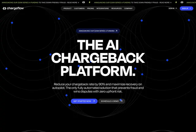 Chargeflow AI chargeback platform hero, dark-mode, minimal, dark