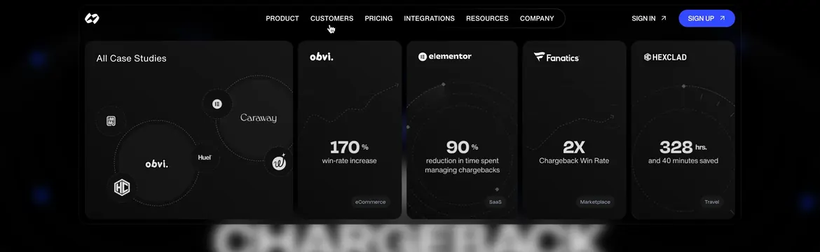 Chargeflow customer case study metric cards, dark-mode, minimal, dark