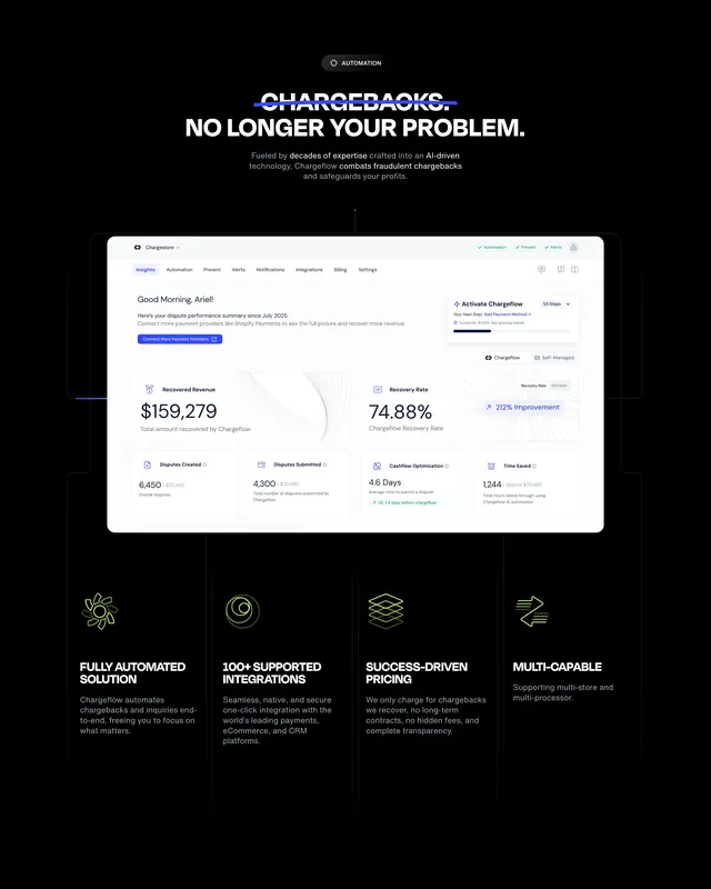 Chargeflow automation dashboard feature block, dark-mode, minimal, dark