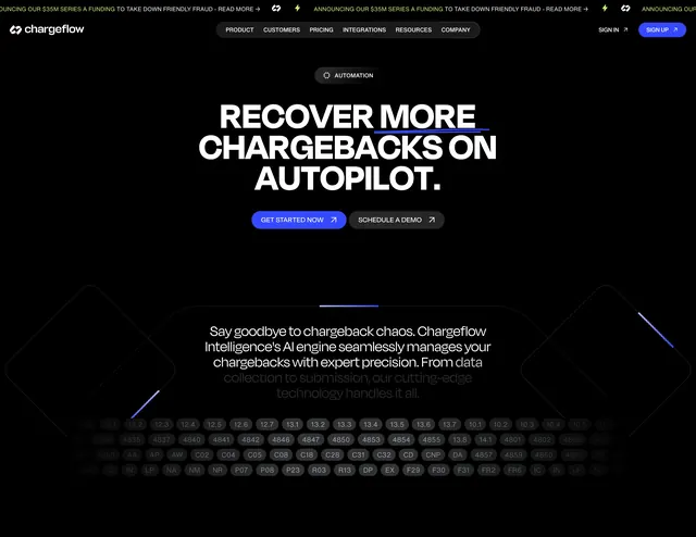Chargeflow recover more chargebacks hero, dark-mode, minimal, dark
