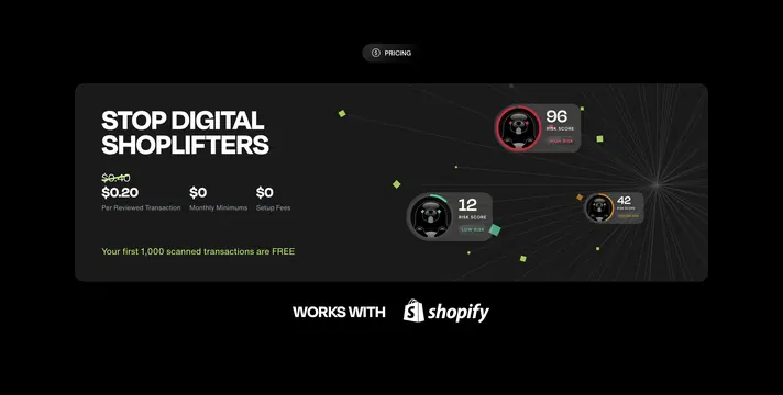 Chargeflow per-transaction pricing card, dark-mode, minimal, dark