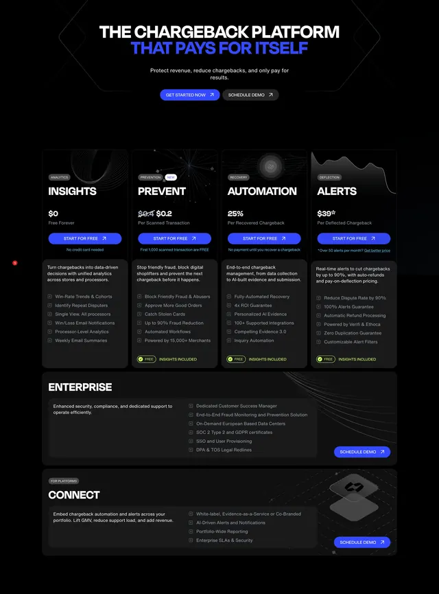 Chargeflow four-pillar solutions pricing grid, dark-mode, minimal, dark