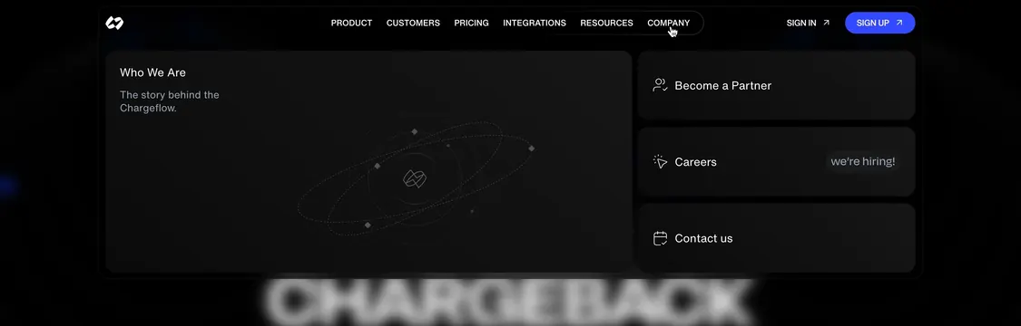 Chargeflow company mega menu dropdown, dark-mode, minimal, dark