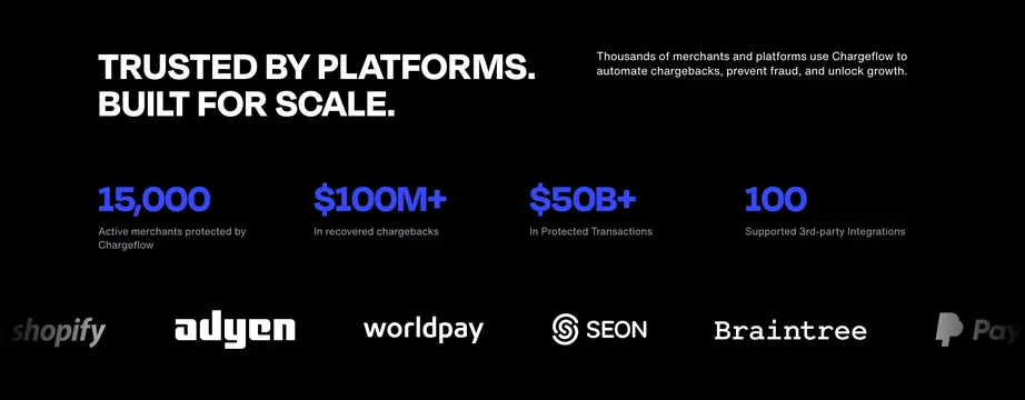 Chargeflow trusted platforms stats and logos, dark-mode, minimal, dark