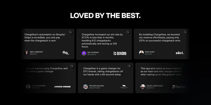 Chargeflow loved by the best testimonial grid, dark-mode, minimal, dark