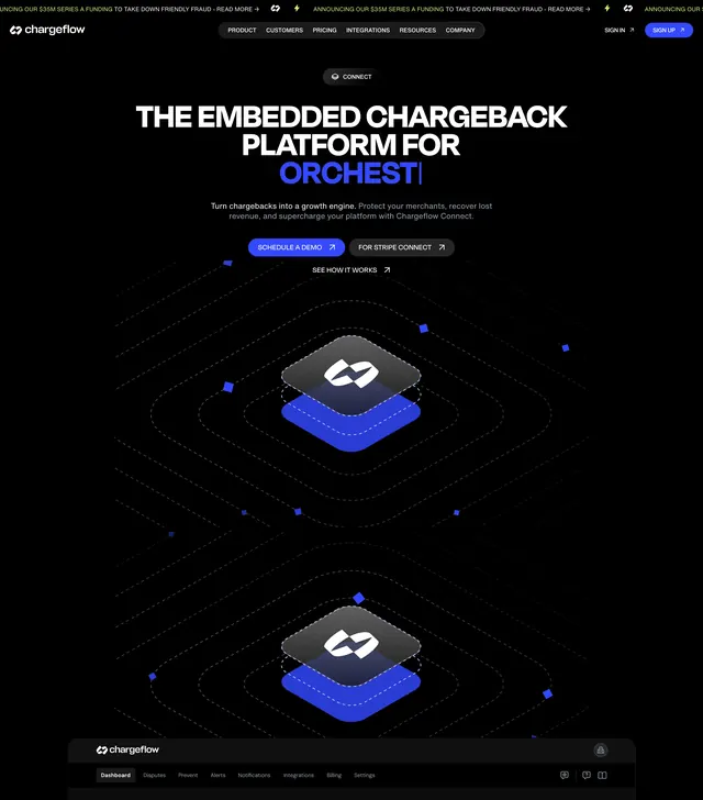 Chargeflow Connect embedded platform hero, dark-mode, minimal, dark