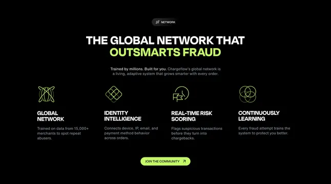 Chargeflow global fraud network features, dark-mode, minimal, dark