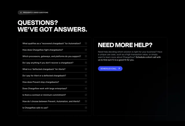 Chargeflow dark FAQ with help sidebar, dark-mode, minimal, dark