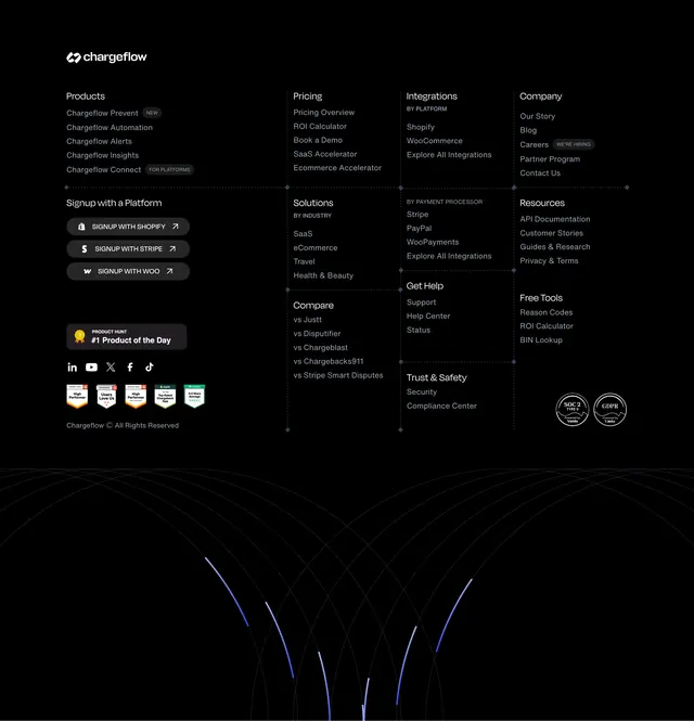 Chargeflow mega footer with signup and badges, dark-mode, minimal, dark