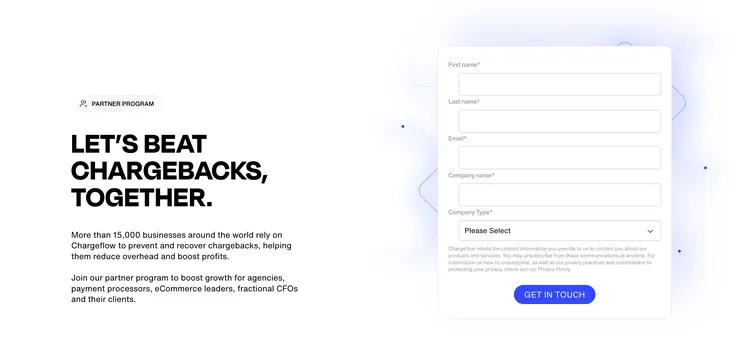 Chargeflow partner program contact, minimal, light-mode, light