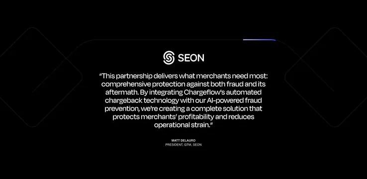 Chargeflow SEON partnership testimonial, minimal, dark-mode, dark