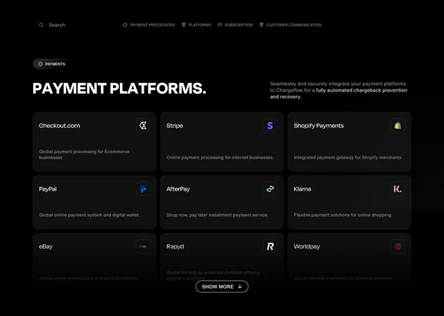 Chargeflow payment platforms grid, dark-mode, minimal, dark