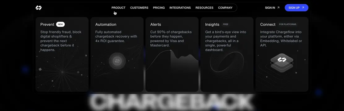 Chargeflow product mega menu cards, dark-mode, minimal, dark