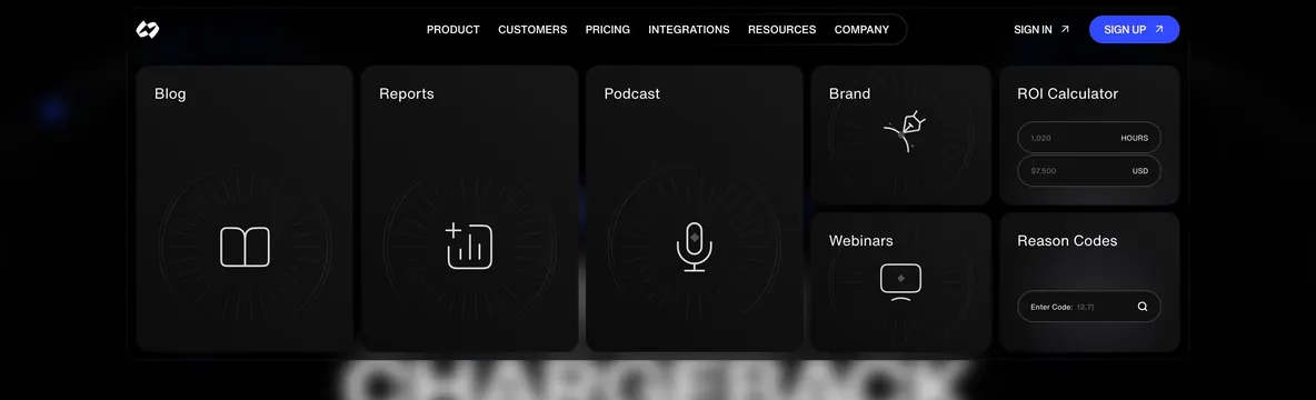 Chargeflow resources mega menu, dark-mode, minimal, dark