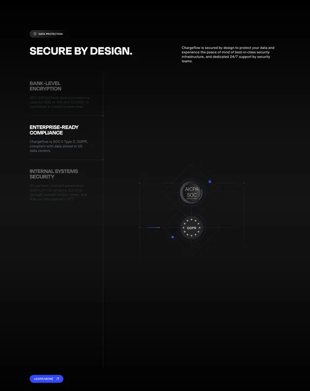 Chargeflow secure by design feature, dark-mode, minimal, dark