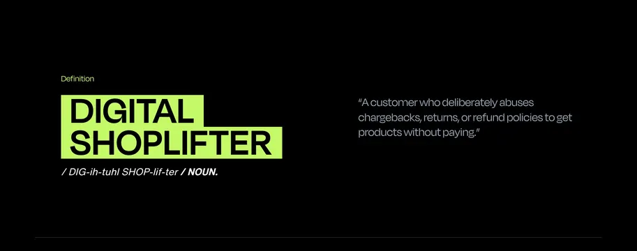 Chargeflow digital shoplifter definition, minimal, dark-mode, dark