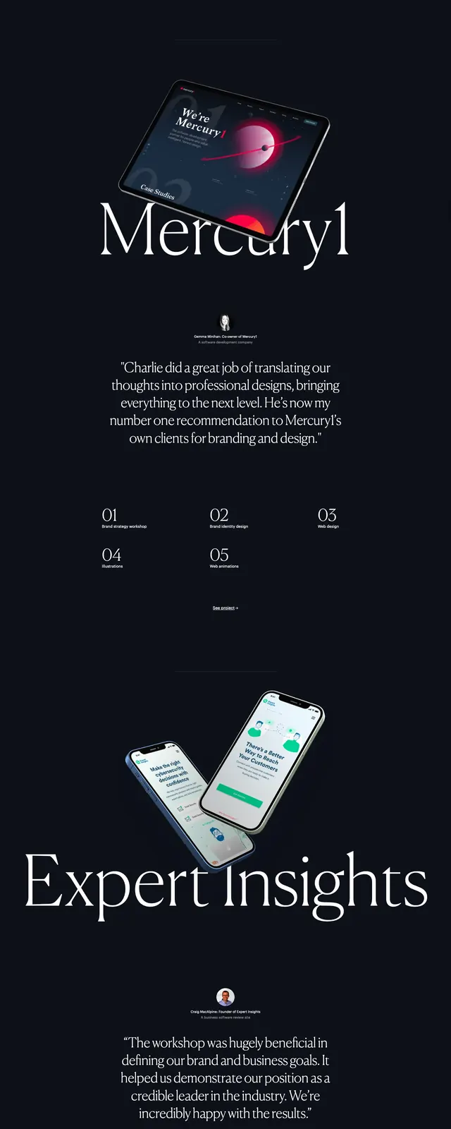 Dark editorial portfolio hero, dark-mode, editorial, dark