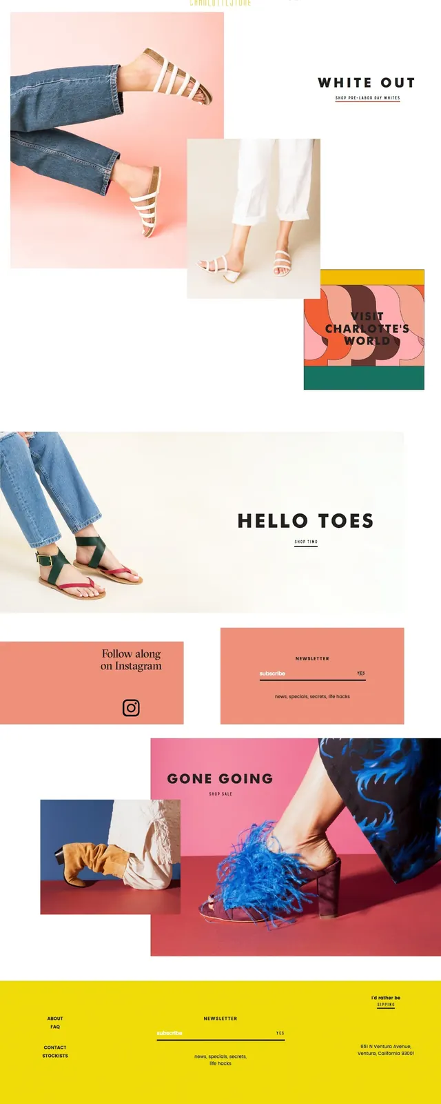 Charlotte Stone playful fashion landing page, editorial, playful, light