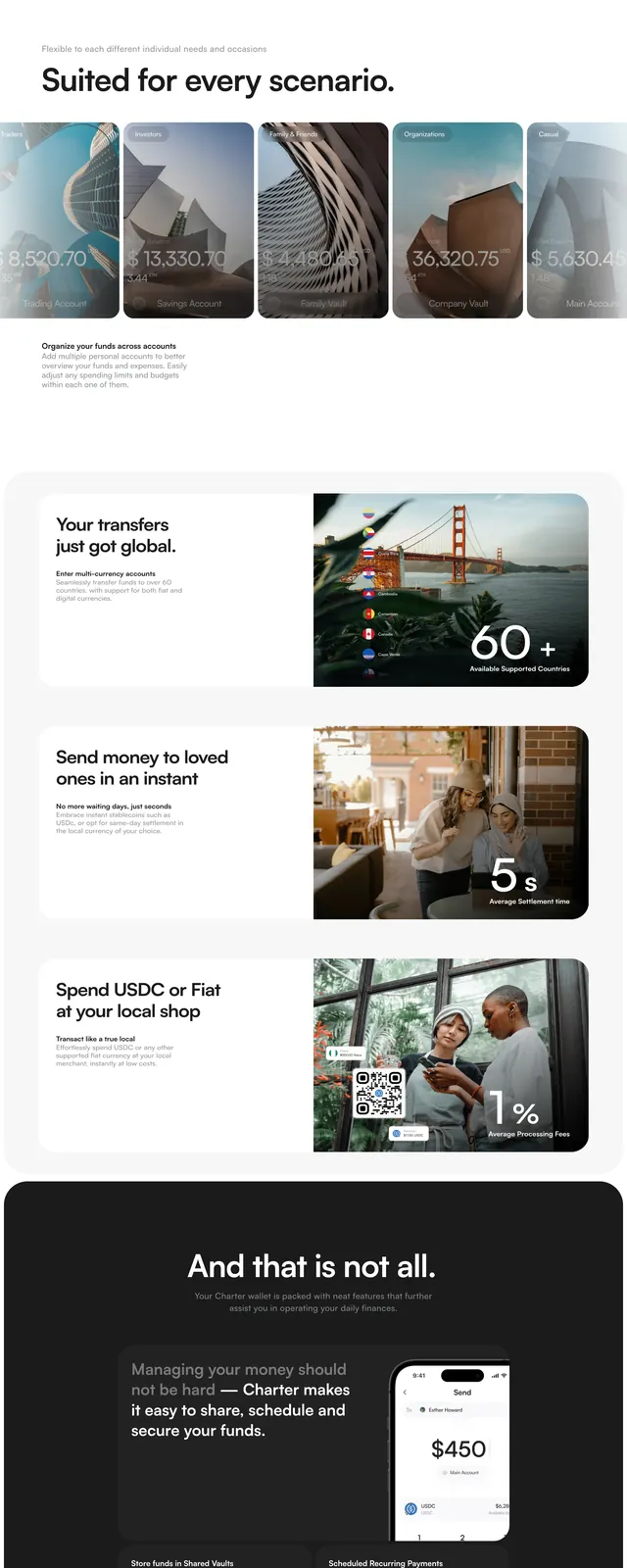 Charter money-move hero, minimal, editorial, light