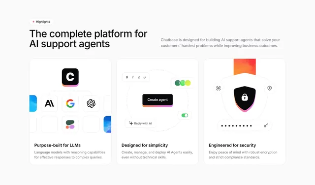 Chatbase three-card feature highlights, light-mode, minimal, light