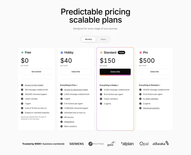 Chatbase four-tier pricing with monthly toggle, light-mode, minimal, light