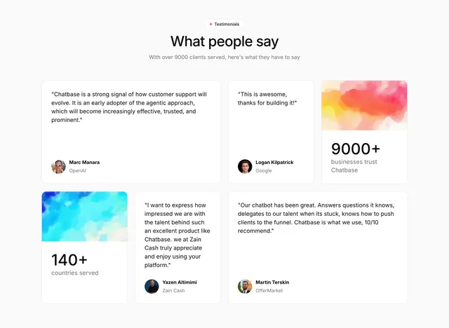 Chatbase bento testimonials with stat tiles, light-mode, minimal, light