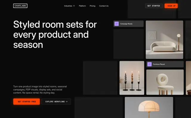 ChatLabs styled room sets hero, dark-mode, minimal, dark