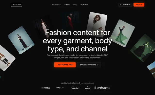 ChatLabs fashion AI hero, dark-mode, minimal, dark