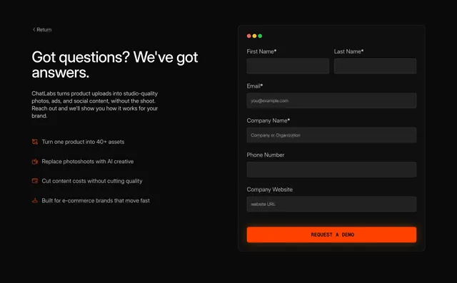 ChatLabs request a demo contact, dark-mode, minimal, dark