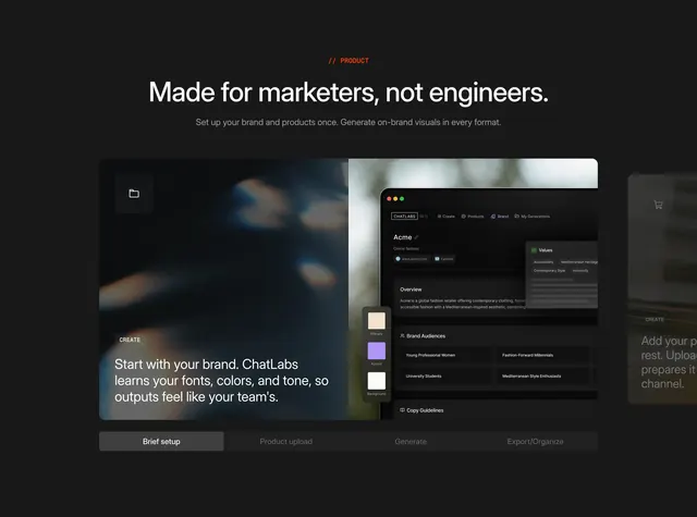 ChatLabs product marketer feature card, dark-mode, minimal, dark
