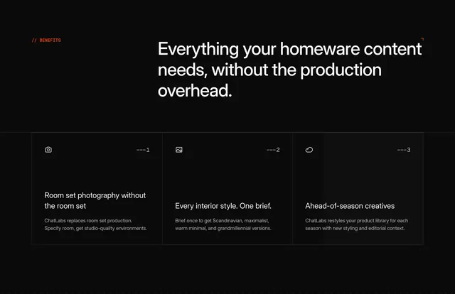 ChatLabs homeware benefits grid, dark-mode, minimal, dark