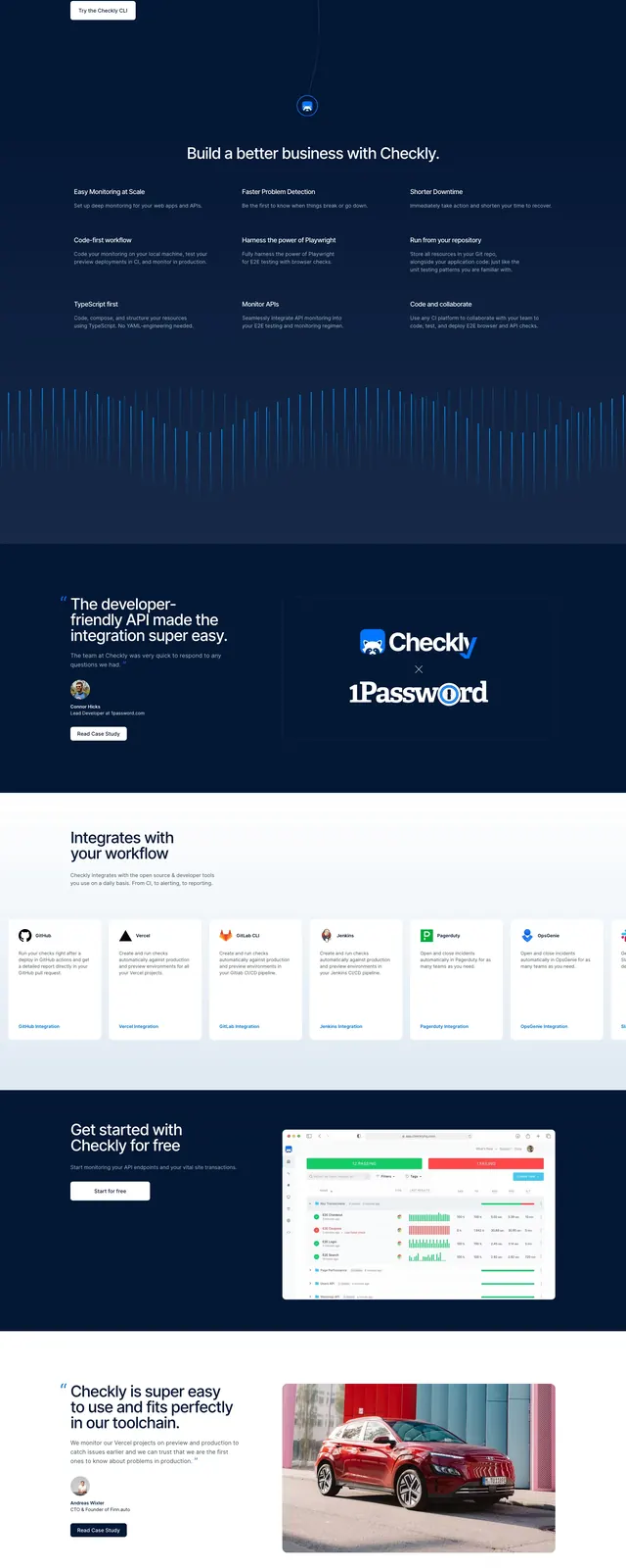 Checkly Dark SaaS Landing Page, dark-mode, technical, dark