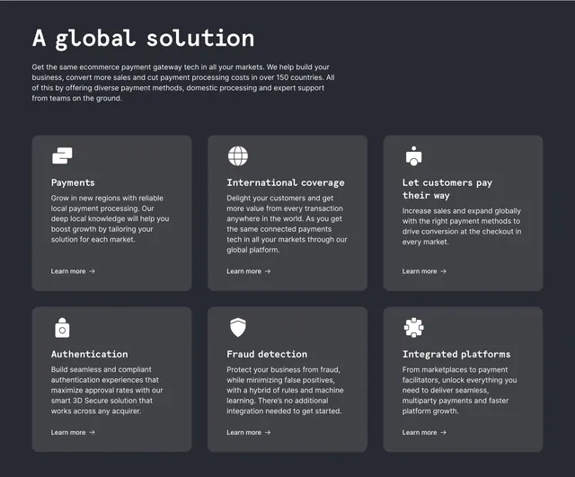 Checkout.com global ecommerce feature grid, dark-mode, minimal, dark