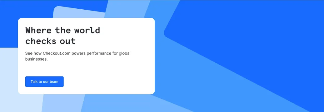 Checkout.com layered blue CTA banner, minimal, light-mode, light