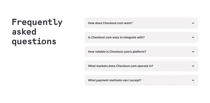 Checkout.com split-column FAQ accordion, minimal, light-mode, light