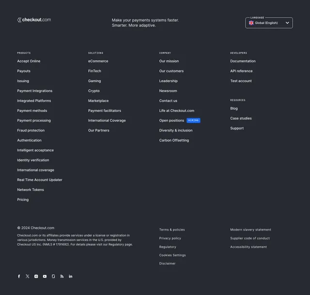 Checkout.com enterprise mega footer, dark-mode, minimal, dark