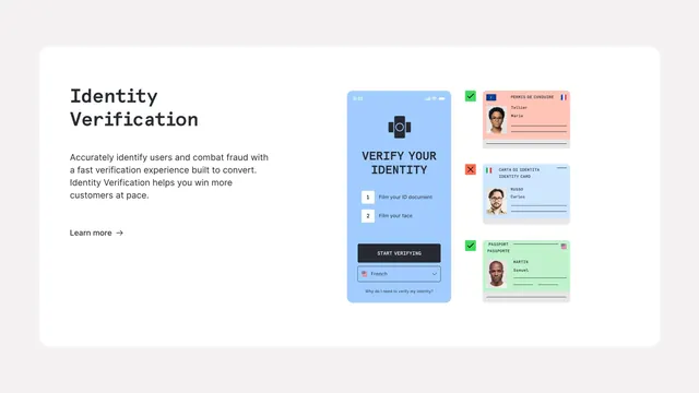 Checkout.com identity verification feature card, minimal, light-mode, light