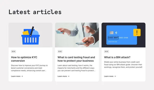 Checkout.com three-column blog cards, minimal, light-mode, light