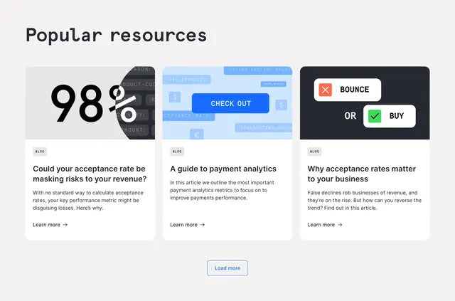 Checkout.com popular resources blog grid, minimal, light-mode, light