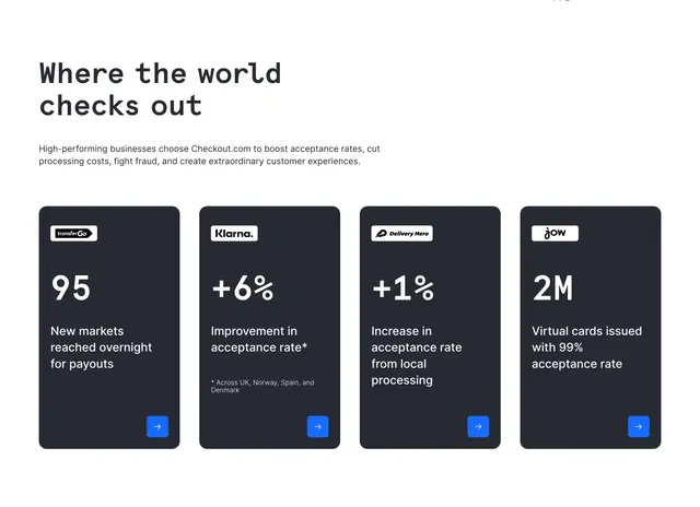 Checkout.com client impact stat cards, minimal, light-mode, light
