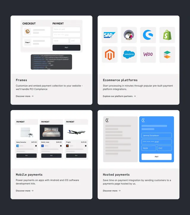 Checkout.com payment integrations 2x2 grid, dark-mode, minimal, dark