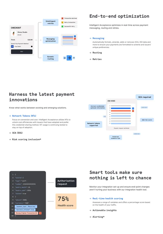 Checkout.com intelligent acceptance feature stack, minimal, light-mode, light